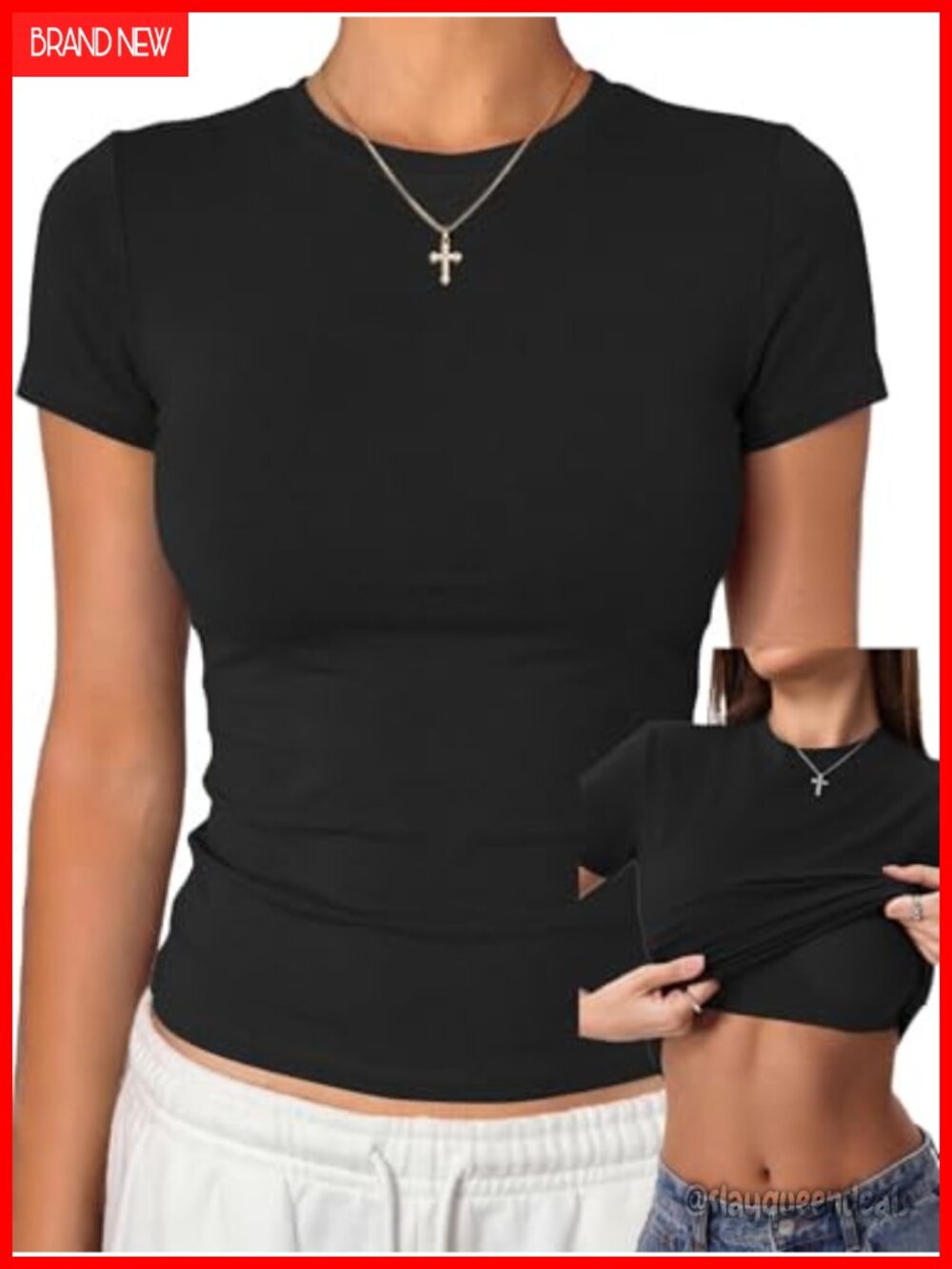 Womens Cotton Spandex Fitted Crop T Shirt Built in Bra Short Sleeve